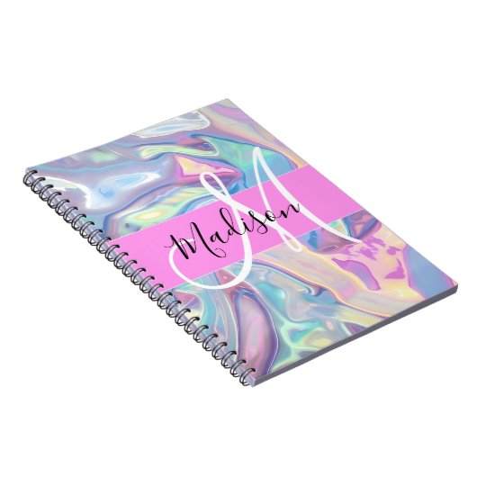 Mädchenrosa Holografisch Iridescent Monogram Name Notizblock (Rechte Seite)