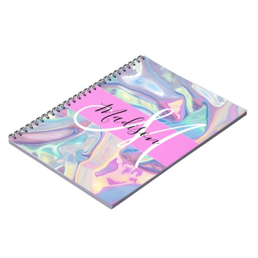 Mädchenrosa Holografisch Iridescent Monogram Name Notizblock (Linke Seite)