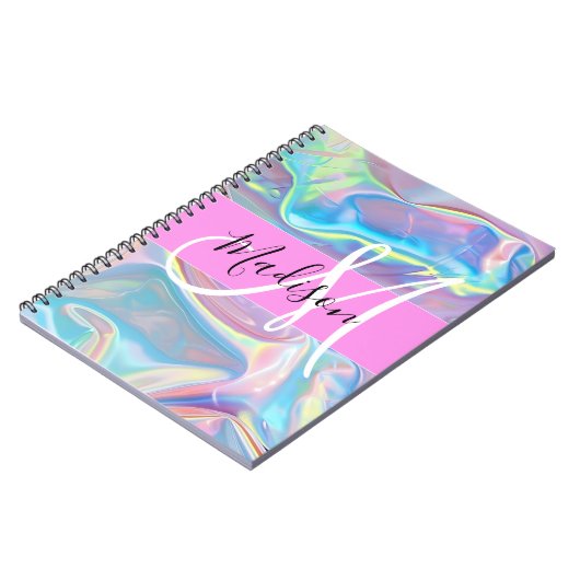 Mädchenrosa Holografisch Iridescent Monogram Name Notizblock (Linke Seite)