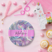Mädchenrosa Holografisch Iridescent Monogram Name Pappteller (Party)