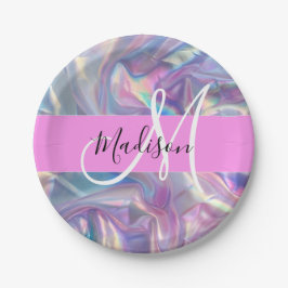 Mädchenrosa Holografisch Iridescent Monogram Name Pappteller
