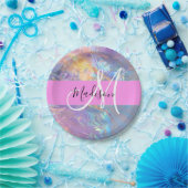 Mädchenrosa Holografisch Iridescent Monogram Name Pappteller (Party)