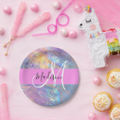 Mädchenrosa Holografisch Iridescent Monogram Name Pappteller (Party)