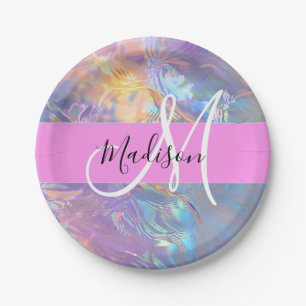 Mädchenrosa Holografisch Iridescent Monogram Name Pappteller
