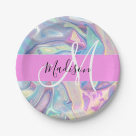 Mädchenrosa Holografisch Iridescent Monogram Name Pappteller