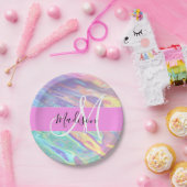 Mädchenrosa Holografisch Iridescent Monogram Name Pappteller (Party)