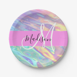 Mädchenrosa Holografisch Iridescent Monogram Name Pappteller