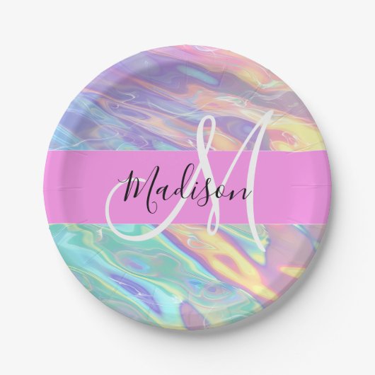 Mädchenrosa Holografisch Iridescent Monogram Name Pappteller (Vorderseite)