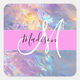Mädchenrosa Holografisch Iridescent Monogram Name Quadratischer Aufkleber