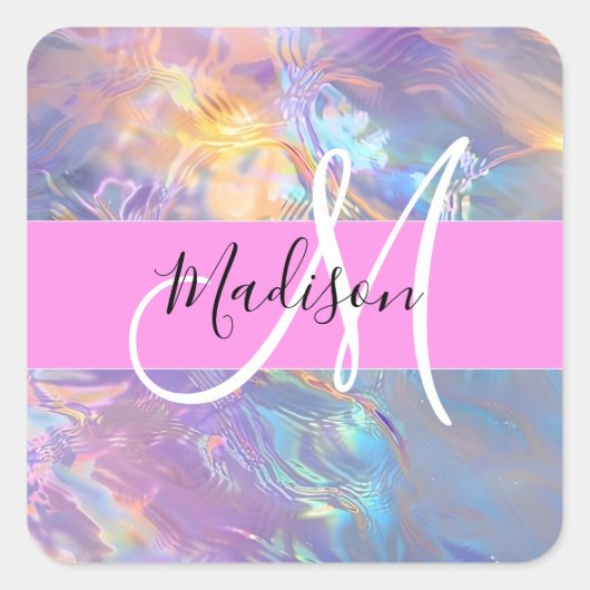 Mädchenrosa Holografisch Iridescent Monogram Name Quadratischer Aufkleber (Vorderseite)