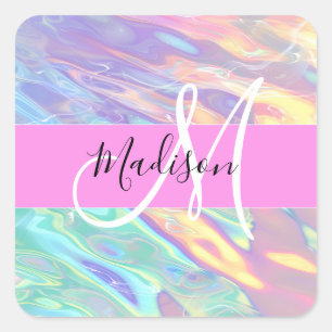 Mädchenrosa Holografisch Iridescent Monogram Name Quadratischer Aufkleber