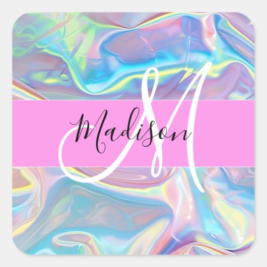 Mädchenrosa Holografisch Iridescent Monogram Name Quadratischer Aufkleber (Vorderseite)