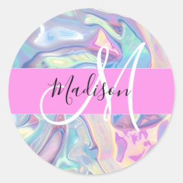 Mädchenrosa Holografisch Iridescent Monogram Name Runder Aufkleber