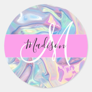 Mädchenrosa Holografisch Iridescent Monogram Name Runder Aufkleber