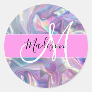 Mädchenrosa Holografisch Iridescent Monogram Name Runder Aufkleber
