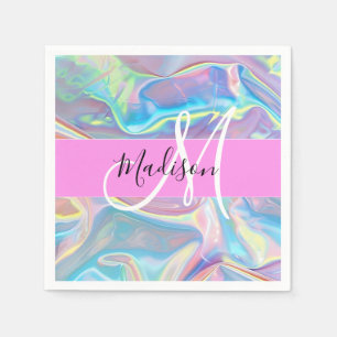 Mädchenrosa Holografisch Iridescent Monogram Name Serviette