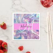 Mädchenrosa Holografisch Iridescent Monogram Name Serviette (Beispiel)