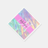 Mädchenrosa Holografisch Iridescent Monogram Name Serviette (Ecke)