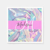 Mädchenrosa Holografisch Iridescent Monogram Name Serviette (Vorderseite)