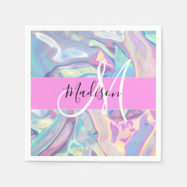 Mädchenrosa Holografisch Iridescent Monogram Name Serviette