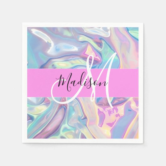 Mädchenrosa Holografisch Iridescent Monogram Name Serviette (Vorderseite)