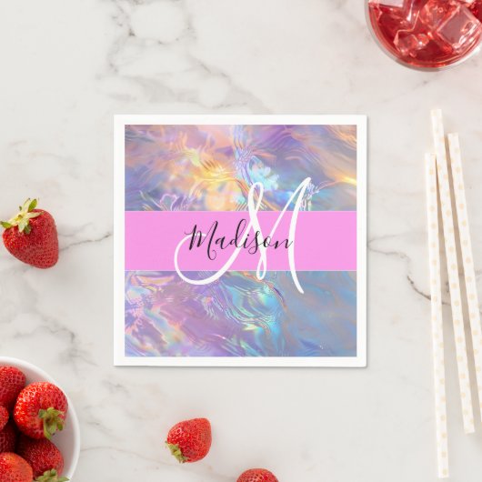 Mädchenrosa Holografisch Iridescent Monogram Name Serviette (Beispiel)