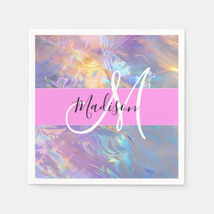 Mädchenrosa Holografisch Iridescent Monogram Name Serviette