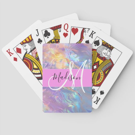 Mädchenrosa Holografisch Iridescent Monogram Name Spielkarten (Rückseite)