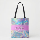 Mädchenrosa Holografisch Iridescent Monogram Name Tasche (Vorderseite)