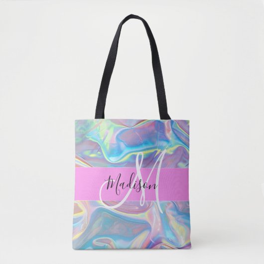 Mädchenrosa Holografisch Iridescent Monogram Name Tasche (Vorderseite)