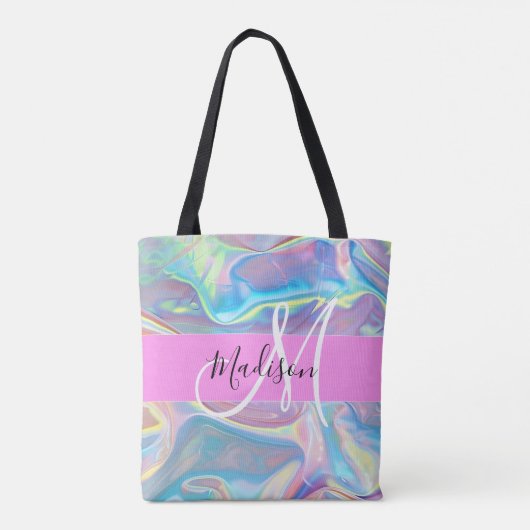 Mädchenrosa Holografisch Iridescent Monogram Name Tasche (Rückseite)