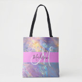 Mädchenrosa Holografisch Iridescent Monogram Name Tasche (Vorderseite)