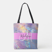 Mädchenrosa Holografisch Iridescent Monogram Name Tasche (Rückseite)