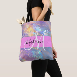 Mädchenrosa Holografisch Iridescent Monogram Name Tasche