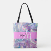 Mädchenrosa Holografisch Iridescent Monogram Name Tasche (Rückseite)