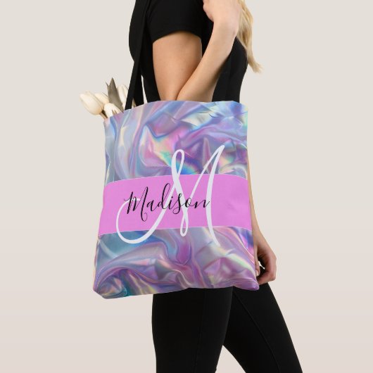 Mädchenrosa Holografisch Iridescent Monogram Name Tasche (Von Nahem)