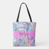 Mädchenrosa Holografisch Iridescent Monogram Name Tasche (Rückseite)