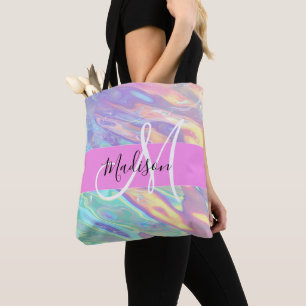 Mädchenrosa Holografisch Iridescent Monogram Name Tasche