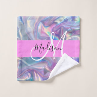 Mädchenrosa Holografisch Iridescent Monogram Name Waschlappen