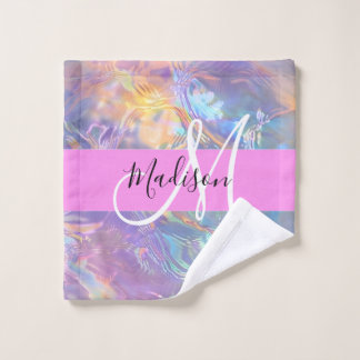 Mädchenrosa Holografisch Iridescent Monogram Name Waschlappen