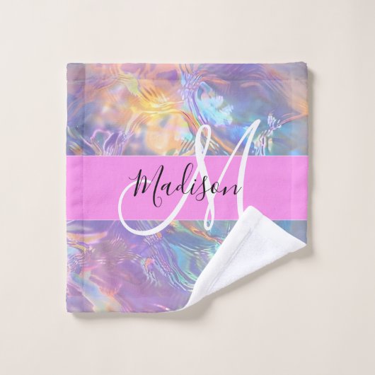Mädchenrosa Holografisch Iridescent Monogram Name Waschlappen (Waschlappen)