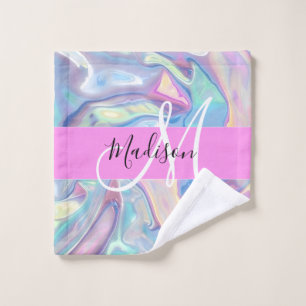 Mädchenrosa Holografisch Iridescent Monogram Name Waschlappen
