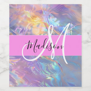 Mädchenrosa Holografisch Iridescent Monogram Name Weinetikett