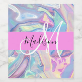 Mädchenrosa Holografisch Iridescent Monogram Name Weinetikett