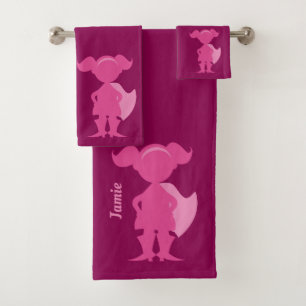 Mädchenrosa Superhero-Silhouette-personalisierte Badhandtuch Set