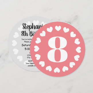 Mädchen's 8. Geburtstagsparty Coral rosa rundes He Einladung