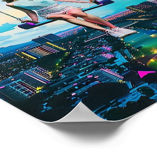 Mädchenschwungfahrt über der Synthwave-Stadt Poster (Ecke)