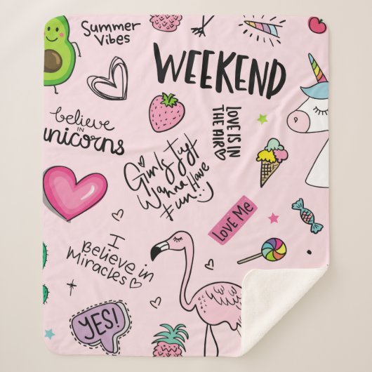 Mädchenspielkonzept mit Einhorn, Flamingo, Kakteen Sherpadecke (Vorderseite)