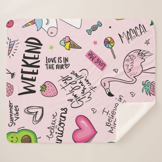 Mädchenspielkonzept mit Einhorn, Flamingo, Kakteen Sherpadecke (Vorderseite (Horizontal))