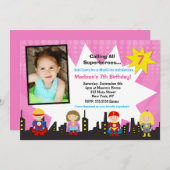 Mädchensuperhero-Foto-Geburtstags-Party Einladung (Vorne/Hinten)